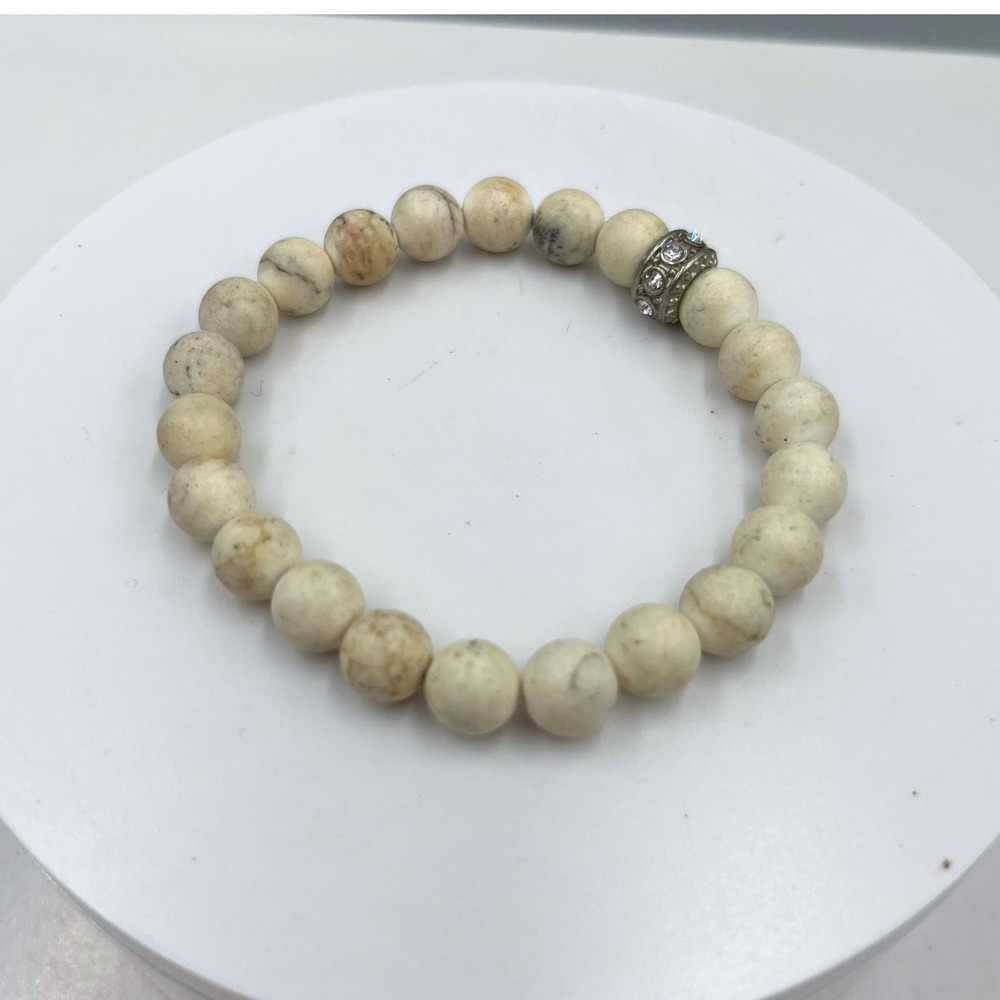 VTG Cream Marbled Beads Stretch Bracelet Silver Tone Rhinestone‎ Spacer Jewelry